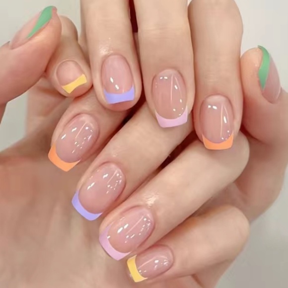 Acrylic Square Tip Pastel French Manicure Rainbow Nails Professional Short Color - Picture 6 of 6